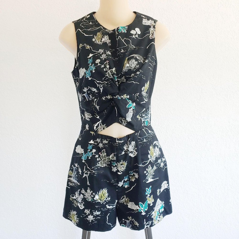 Zara Cactus Print Cut Out Twist Romper Shorts Playsuit XS Black Plants